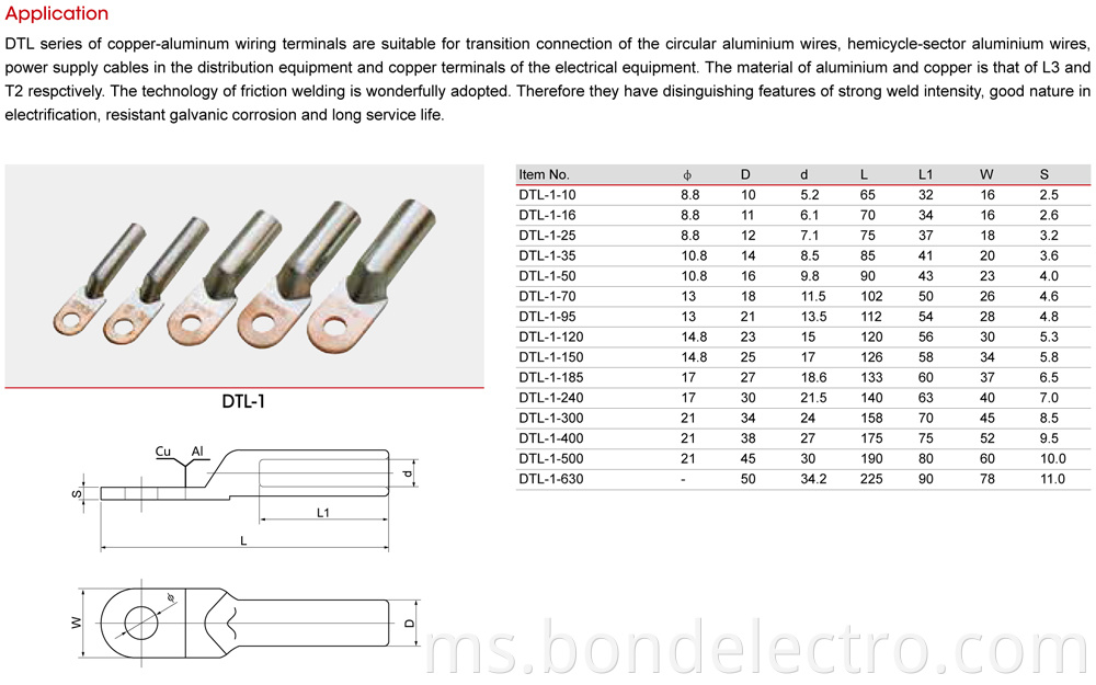 DTL-1 Aluminium Copper Bimetal Connector Parameter